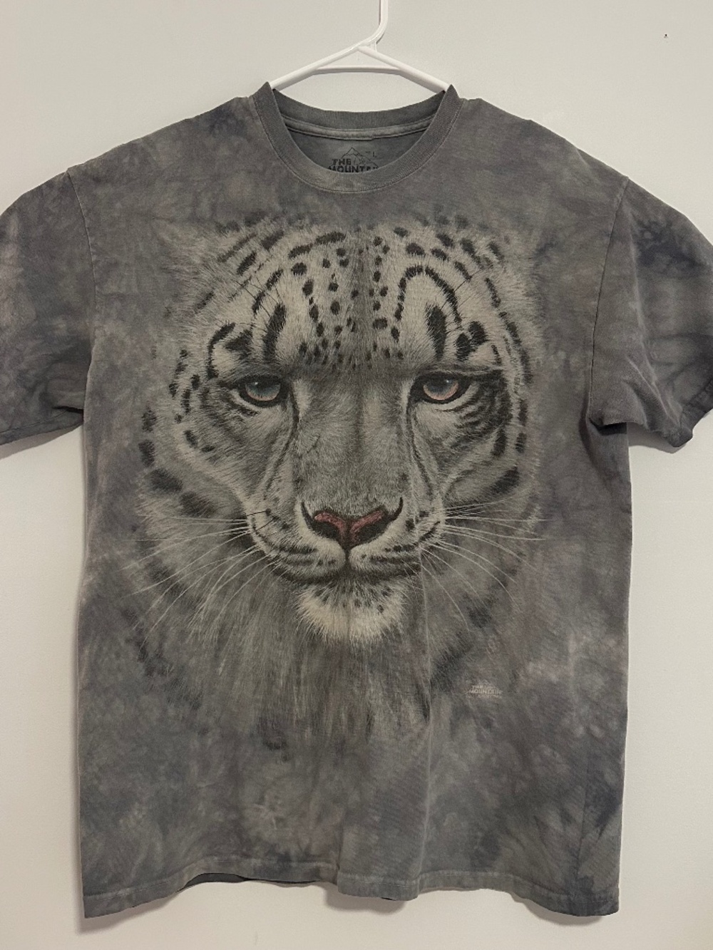The Mountain White Tiger Print T-Shirt Large Gray Acid Wash Y2K Short Sleeve